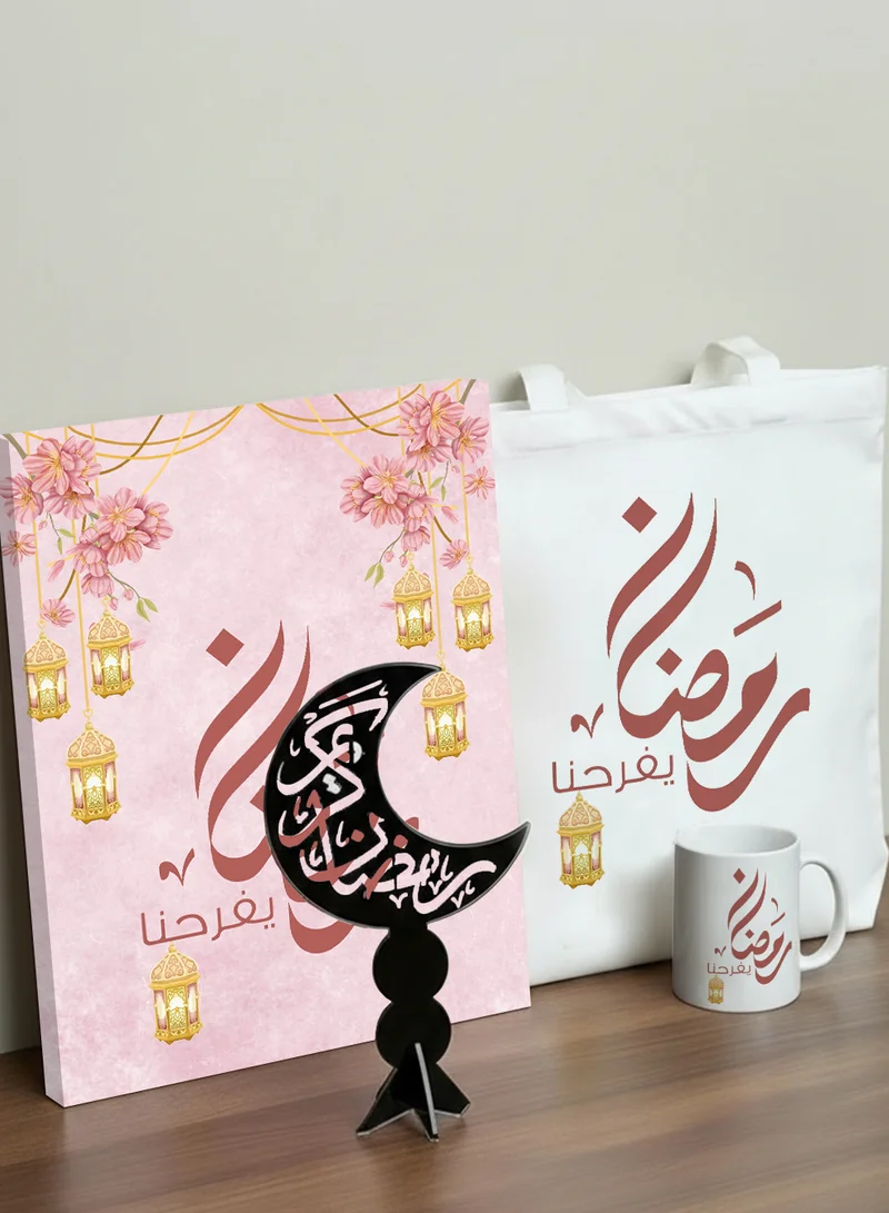 LOWHA Ramadan Gift Set of 4 Items Includes Canvas Wall Art, Decorative Stand, Mug and Tote Bag